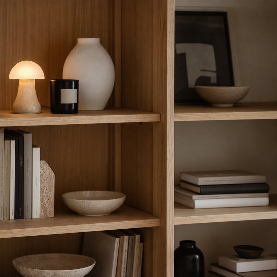 Styled wooden bookshelf with lamp and ceramics