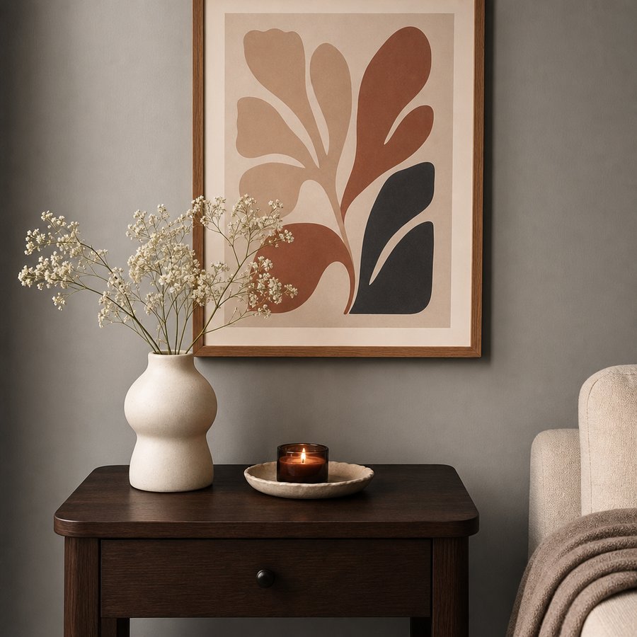 Side table with flowers, candle, and wall art
